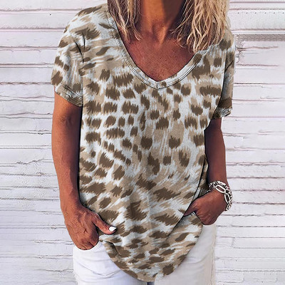 Tricou cu leopard de epocă pentru femei, îmbrăcăminte sexy pentru femei, cu decolteu în V, tricouri supradimensionate cu mânecă scurtă, bluză lejeră de vară, îmbrăcăminte de stradă casual