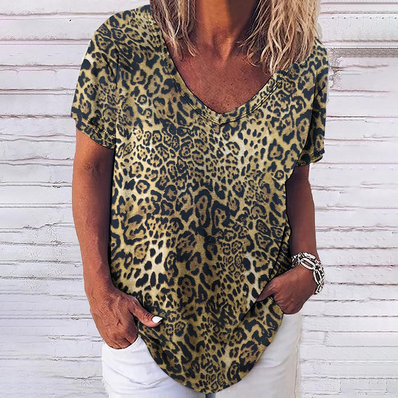Tricou cu leopard de epocă pentru femei, îmbrăcăminte sexy pentru femei, cu decolteu în V, tricouri supradimensionate cu mânecă scurtă, bluză lejeră de vară, îmbrăcăminte de stradă casual