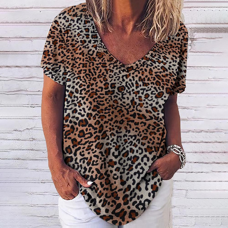 Tricou cu leopard de epocă pentru femei, îmbrăcăminte sexy pentru femei, cu decolteu în V, tricouri supradimensionate cu mânecă scurtă, bluză lejeră de vară, îmbrăcăminte de stradă casual