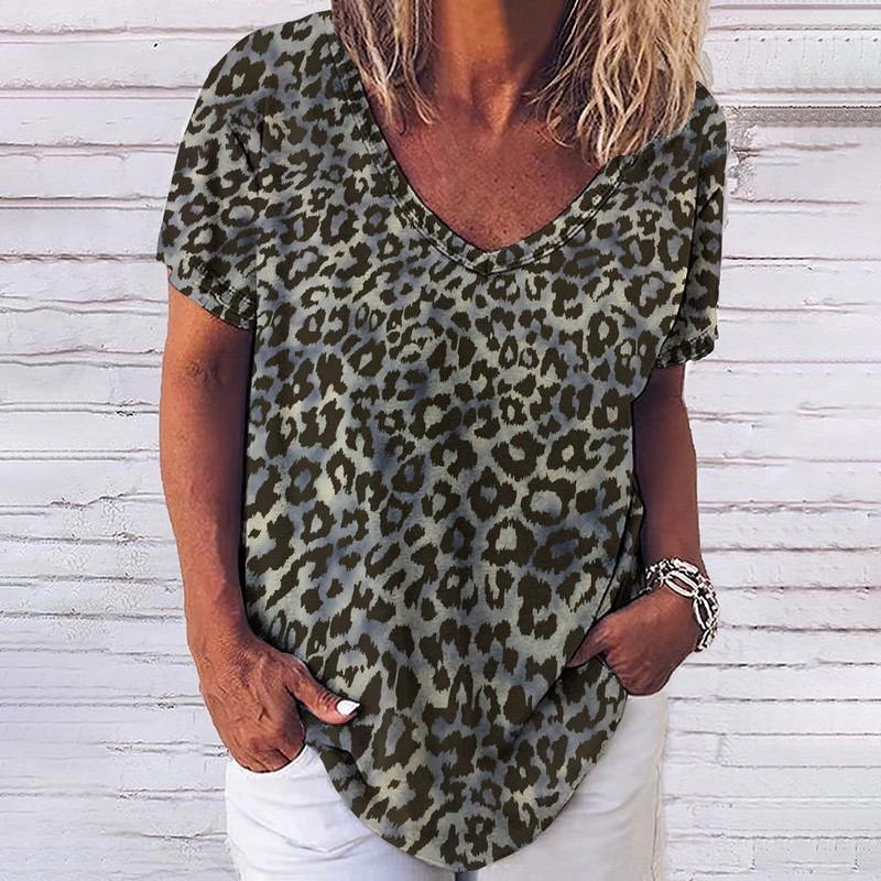 Tricou cu leopard de epocă pentru femei, îmbrăcăminte sexy pentru femei, cu decolteu în V, tricouri supradimensionate cu mânecă scurtă, bluză lejeră de vară, îmbrăcăminte de stradă casual