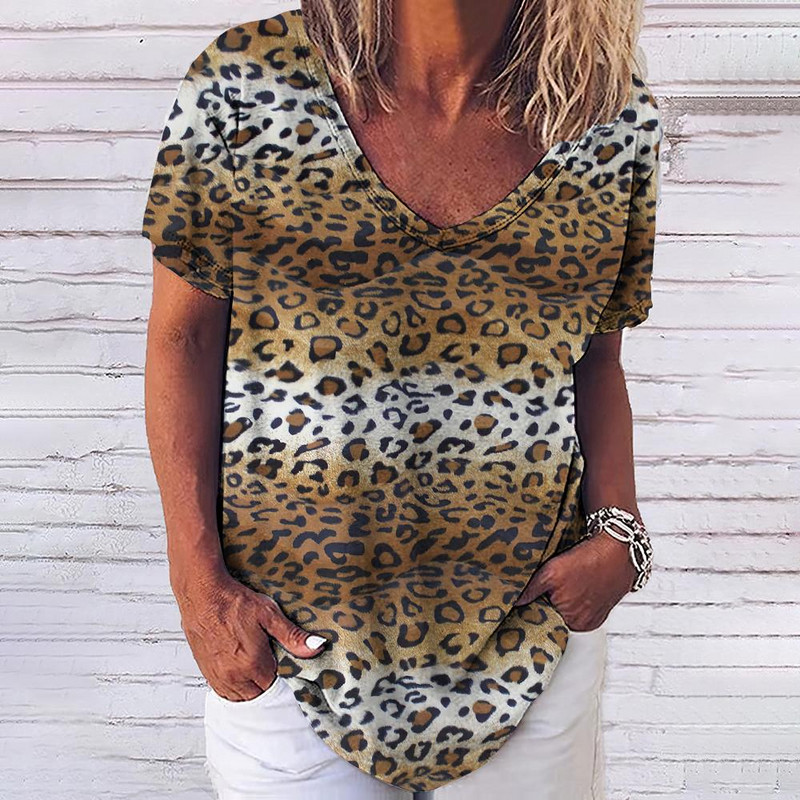 Tricou cu leopard de epocă pentru femei, îmbrăcăminte sexy pentru femei, cu decolteu în V, tricouri supradimensionate cu mânecă scurtă, bluză lejeră de vară, îmbrăcăminte de stradă casual