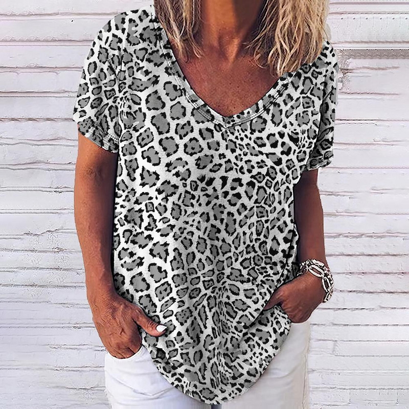 Tricou cu leopard de epocă pentru femei, îmbrăcăminte sexy pentru femei, cu decolteu în V, tricouri supradimensionate cu mânecă scurtă, bluză lejeră de vară, îmbrăcăminte de stradă casual