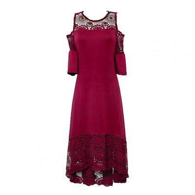 Nagy méretű női ruha, lobogó, rövid ujjú hideg vállú hímzés Elegáns ruha buli csipke Patchwork magas-alacsony szegélyű ruha nyári