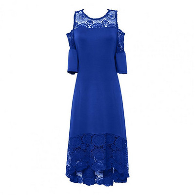 Nagy méretű női ruha, lobogó, rövid ujjú hideg vállú hímzés Elegáns ruha buli csipke Patchwork magas-alacsony szegélyű ruha nyári