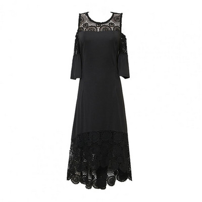 Nagy méretű női ruha, lobogó, rövid ujjú hideg vállú hímzés Elegáns ruha buli csipke Patchwork magas-alacsony szegélyű ruha nyári