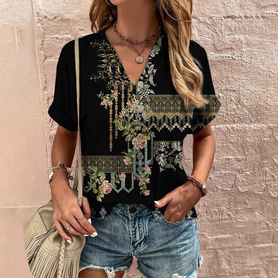 Sieviešu T-krekls ar apdruku ar V veida izgriezumu Ikdienas topi ar ziediem Lēta blūze Vasaras modes dāmu apģērbi Sieviešu lielizmēra T-krekli ar īsām piedurknēm