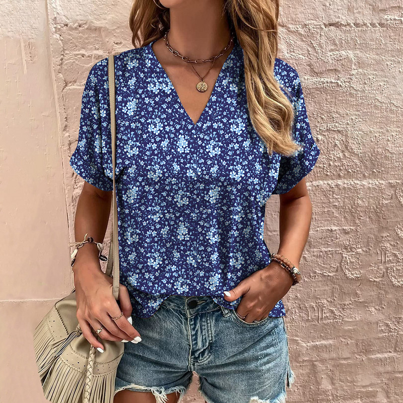 Sieviešu T-krekls ar apdruku ar V veida izgriezumu Ikdienas topi ar ziediem Lēta blūze Vasaras modes dāmu apģērbi Sieviešu lielizmēra T-krekli ar īsām piedurknēm