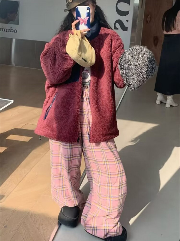 QWEEK Y2K Rozā rūtainas bikses Sieviešu korejiešu modes ziemas rūtainas bikses Lielizmēra Harajuku Vintage 90. gadu platas kājas pantalones