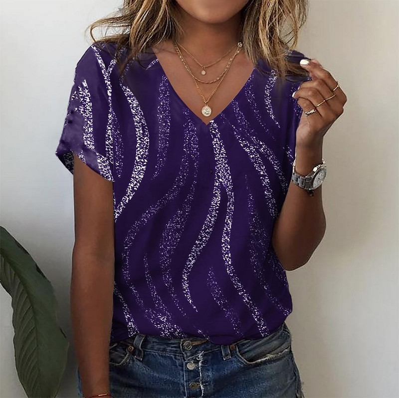 Tricou de damă cu decolteu în V Frumusețe Tricou imprimat pentru femei Tricou cu mânecă scurtă de vară Moda Casual Haine pentru femei 2024 Pulover nou