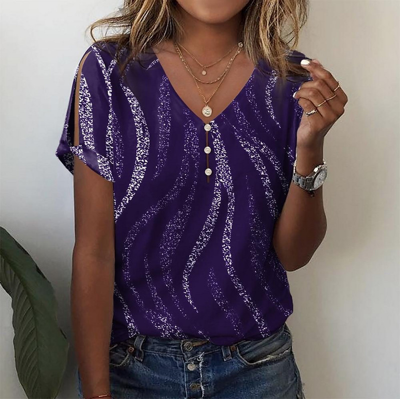 Tricou de damă cu decolteu în V Frumusețe Tricou imprimat pentru femei Tricou cu mânecă scurtă de vară Moda Casual Haine pentru femei 2024 Pulover nou