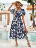 Ljetna haljina za žene Ležerna odjeća s printom Nova 2024. V-izrez kratkih rukava Haljine s cvjetnim uzorkom u struku Duga suknja A kroja