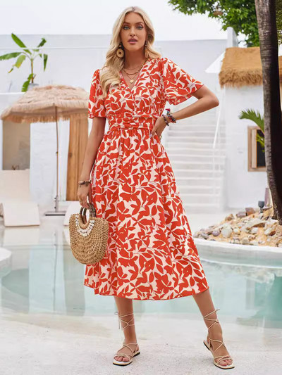 Ljetna haljina za žene Ležerna odjeća s printom Nova 2024. V-izrez kratkih rukava Haljine s cvjetnim uzorkom u struku Duga suknja A kroja