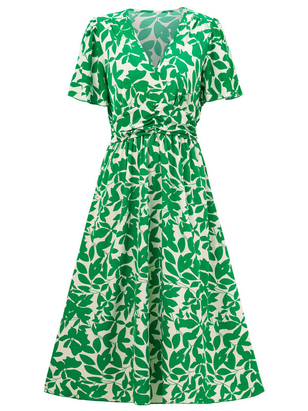 Ljetna haljina za žene Ležerna odjeća s printom Nova 2024. V-izrez kratkih rukava Haljine s cvjetnim uzorkom u struku Duga suknja A kroja