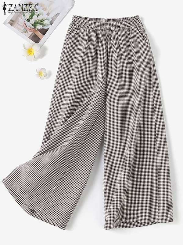 ZANZEA sieviete modes režģī apdrukātas bikses ikdienišķas platas bikses Elegantas kabatas bikses sievietēm brīvdienām brīvs Pantalons, liela izmēra