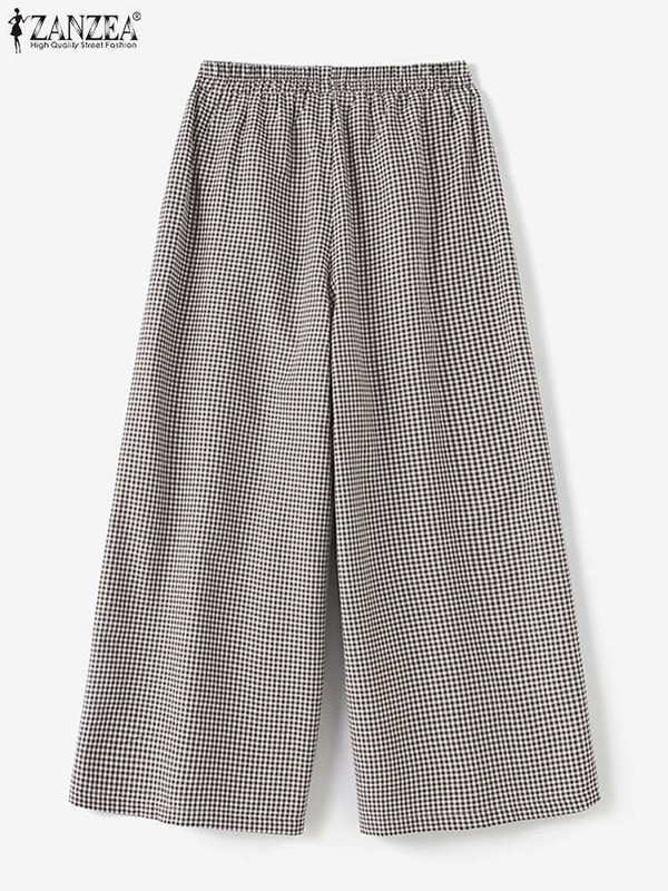 ZANZEA sieviete modes režģī apdrukātas bikses ikdienišķas platas bikses Elegantas kabatas bikses sievietēm brīvdienām brīvs Pantalons, liela izmēra