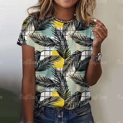 Harajuku női póló, növénymintás női pólók Hawaii stílusú rövid ujjú felsők Női, nagyméretű pulóver, alapvető utcai viselet