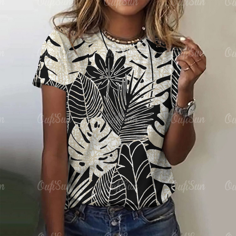Harajuku női póló, növénymintás női pólók Hawaii stílusú rövid ujjú felsők Női, nagyméretű pulóver, alapvető utcai viselet