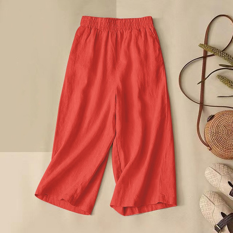 Ljetne ženske popularne pamučne lanene tanke jednobojne lanene ležerne modne kućne veličine Velike uske elastične široke kratke hlače