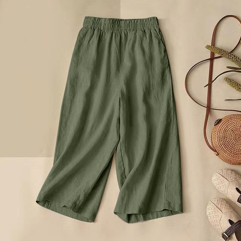 Ljetne ženske popularne pamučne lanene tanke jednobojne lanene ležerne modne kućne veličine Velike uske elastične široke kratke hlače