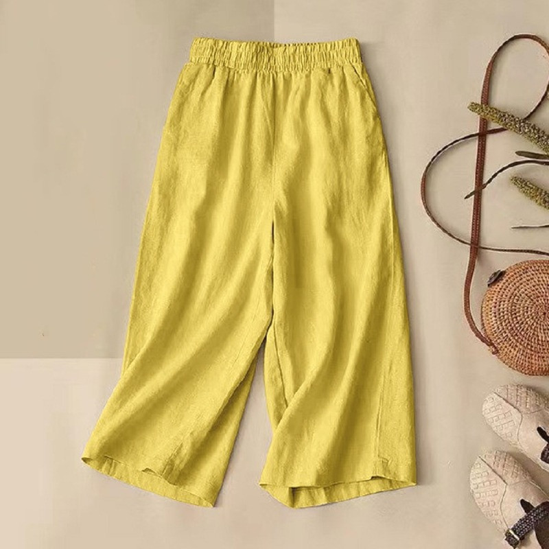 Ljetne ženske popularne pamučne lanene tanke jednobojne lanene ležerne modne kućne veličine Velike uske elastične široke kratke hlače