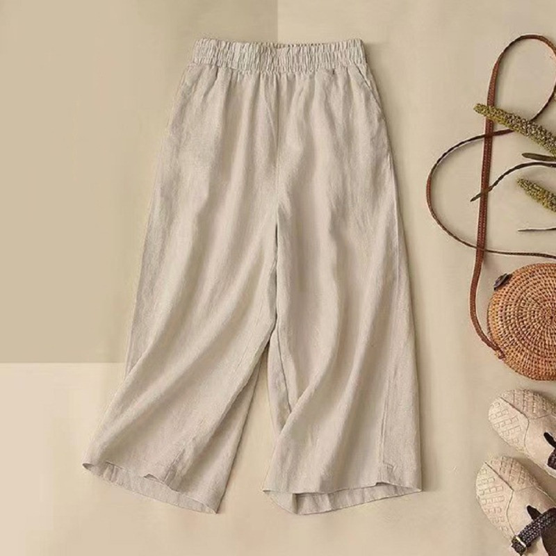 Ljetne ženske popularne pamučne lanene tanke jednobojne lanene ležerne modne kućne veličine Velike uske elastične široke kratke hlače