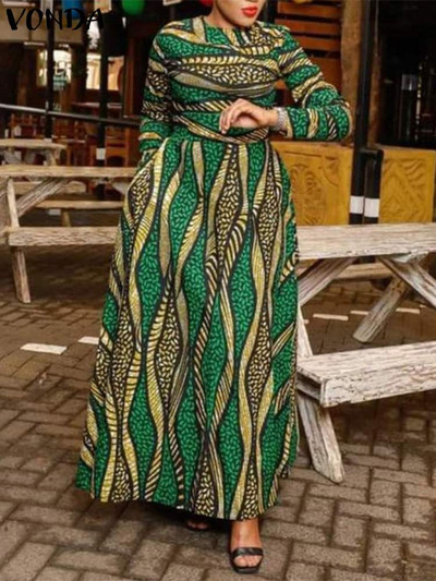 Plus Size 5XL VONDA Maxi Dress 2024 Oversized Femei Bohemian Long Maneca Vintage Imprimat Rochie de soare Toamna Casual Rochii largi