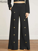 ZANZEA Pantaloni eleganti cu picioare late pentru femei, toamnă, pantaloni lungi 2023, ocazional, pantaloni uni, pantaloni supradimensionați, cu nasturi, decorațiuni de birou