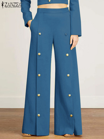 ZANZEA Pantaloni eleganti cu picioare late pentru femei, toamnă, pantaloni lungi 2023, ocazional, pantaloni uni, pantaloni supradimensionați, cu nasturi, decorațiuni de birou