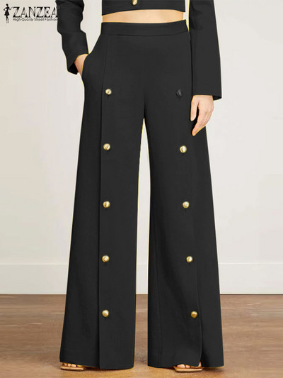 ZANZEA Pantaloni eleganti cu picioare late pentru femei, toamnă, pantaloni lungi 2023, ocazional, pantaloni uni, pantaloni supradimensionați, cu nasturi, decorațiuni de birou
