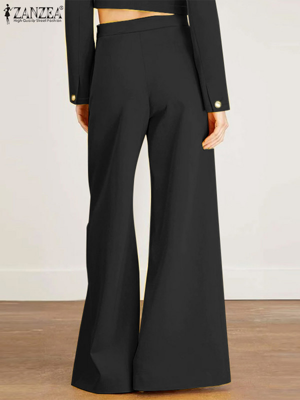 ZANZEA Pantaloni eleganti cu picioare late pentru femei, toamnă, pantaloni lungi 2023, ocazional, pantaloni uni, pantaloni supradimensionați, cu nasturi, decorațiuni de birou