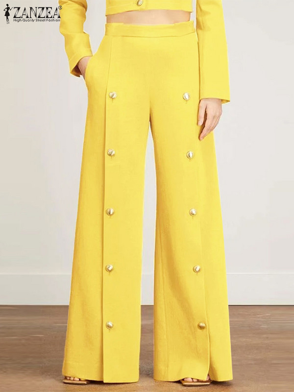 ZANZEA Pantaloni eleganti cu picioare late pentru femei, toamnă, pantaloni lungi 2023, ocazional, pantaloni uni, pantaloni supradimensionați, cu nasturi, decorațiuni de birou