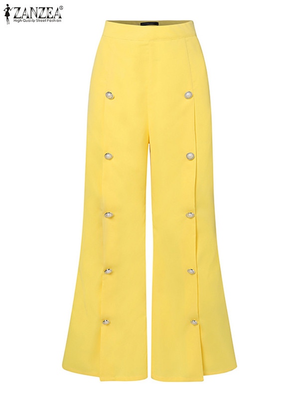 ZANZEA Pantaloni eleganti cu picioare late pentru femei, toamnă, pantaloni lungi 2023, ocazional, pantaloni uni, pantaloni supradimensionați, cu nasturi, decorațiuni de birou