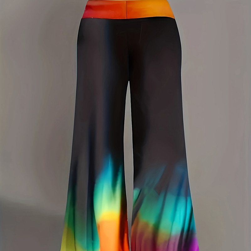 Liela izmēra sieviešu modes kaklasaites, krāsotas kontrastējošas platas bikses ar gradientu temperamentu un elegantas platas bikses