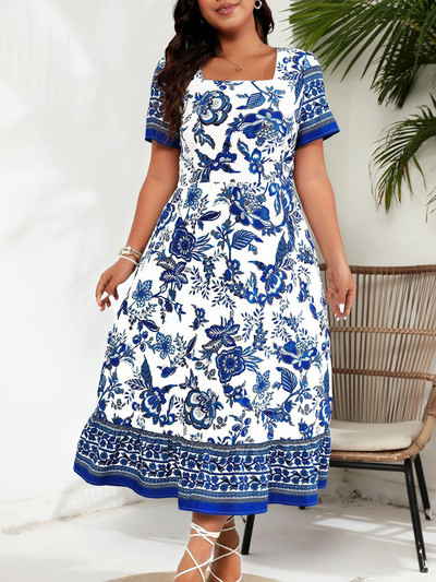 GIBSIE lielizmēra kvadrātveida kakla apkakle ar ziedu apdruku sievietēm, vasaras garas kleitas brīvdienām, gadījuma rakstura īsās piedurkņu A līnijas Boho Maxi kleitas 2024