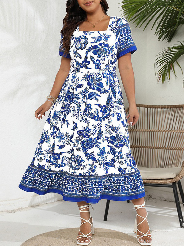 GIBSIE lielizmēra kvadrātveida kakla apkakle ar ziedu apdruku sievietēm, vasaras garas kleitas brīvdienām, gadījuma rakstura īsās piedurkņu A līnijas Boho Maxi kleitas 2024