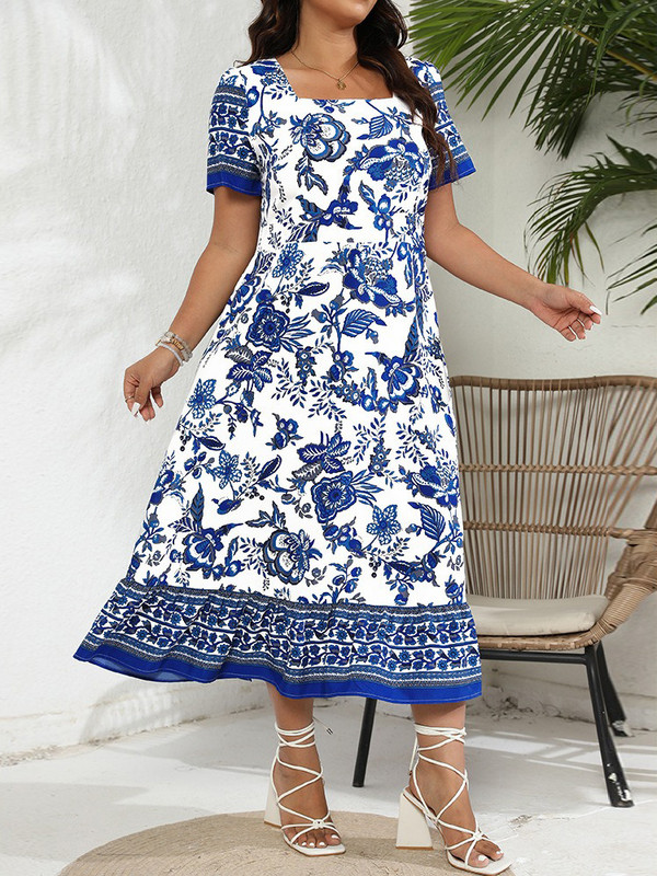 GIBSIE lielizmēra kvadrātveida kakla apkakle ar ziedu apdruku sievietēm, vasaras garas kleitas brīvdienām, gadījuma rakstura īsās piedurkņu A līnijas Boho Maxi kleitas 2024