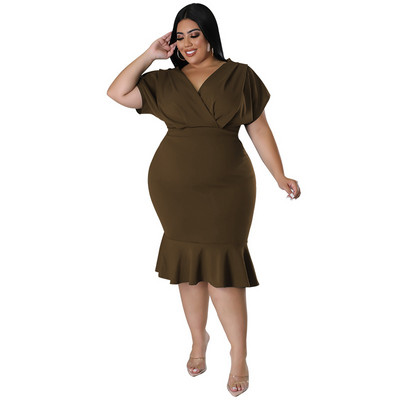 Liela izmēra kleitas 3xl 4xl 5xl vasaras kleitas sievietēm 2022 Jauna V veida kakla vienkrāsaina gurnu aptinoša kleita Sieviešu apģērbi ballīšu kleita