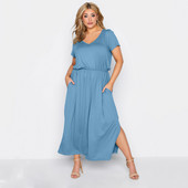 Κομψό καλοκαιρινό καθημερινό φόρεμα με κοντό μανίκι με λαιμόκοψη σε μέγεθος V, ελαστικό μάξι ίσιο φόρεμα μέσης, σχισμένο στο πλάι Weekend Beach φόρεμα 6XL