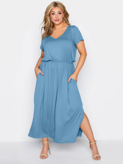 Κομψό καλοκαιρινό καθημερινό φόρεμα με κοντό μανίκι με λαιμόκοψη σε μέγεθος V, ελαστικό μάξι ίσιο φόρεμα μέσης, σχισμένο στο πλάι Weekend Beach φόρεμα 6XL