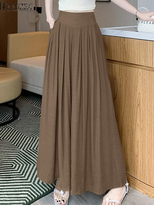 Stilīgas vasaras platas bikses sievietēm ar augstu vidukli, viengabalainas, brīvas bikses 2024. GADA ZANZEA Modes ikdienas brīvdienu pludmales Pantalon Streetwear