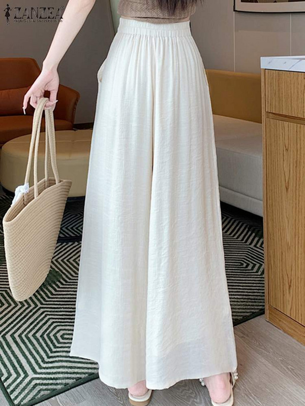 Stilīgas vasaras platas bikses sievietēm ar augstu vidukli, viengabalainas, brīvas bikses 2024. GADA ZANZEA Modes ikdienas brīvdienu pludmales Pantalon Streetwear