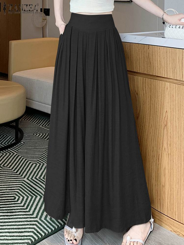 Stilīgas vasaras platas bikses sievietēm ar augstu vidukli, viengabalainas, brīvas bikses 2024. GADA ZANZEA Modes ikdienas brīvdienu pludmales Pantalon Streetwear