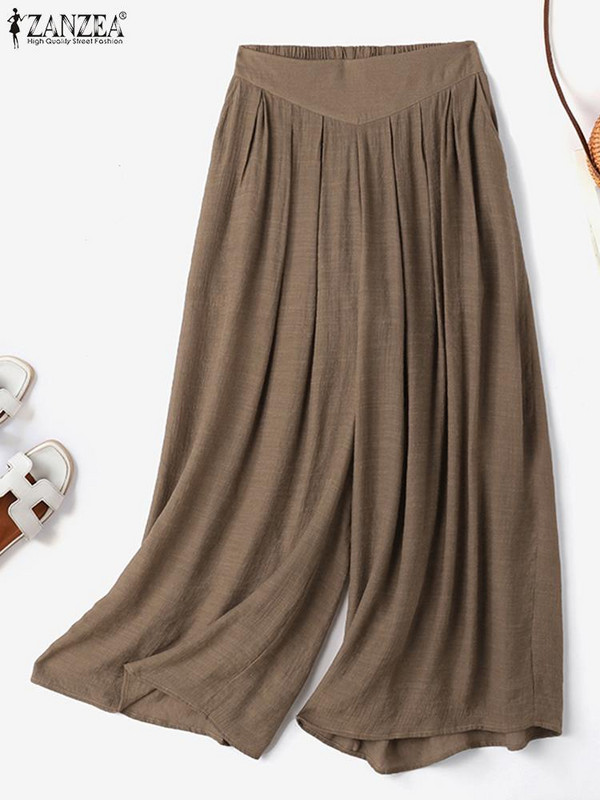 Stilīgas vasaras platas bikses sievietēm ar augstu vidukli, viengabalainas, brīvas bikses 2024. GADA ZANZEA Modes ikdienas brīvdienu pludmales Pantalon Streetwear