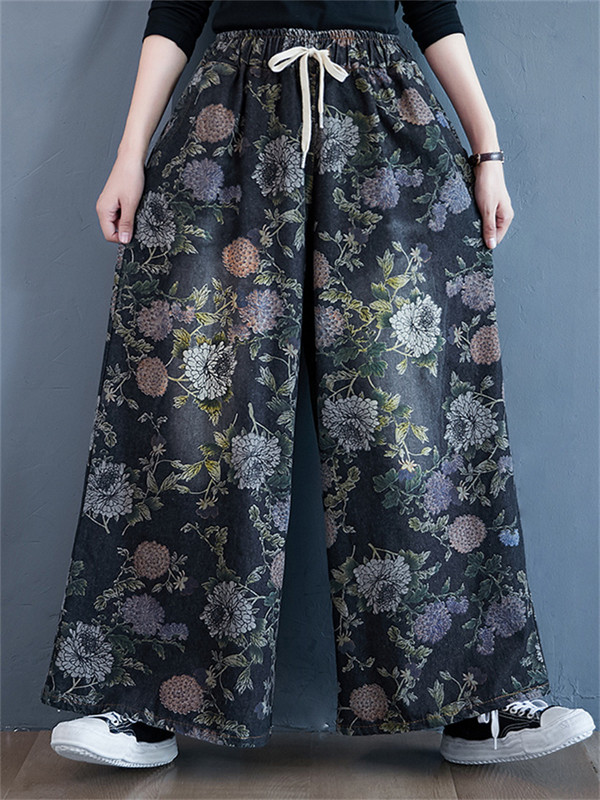 Prevelike korejske ljetne nove modne ženske traper hlače s cvjetnim uzorkom, ležerne široke ženske hlače s pamučnim printom velikih veličina