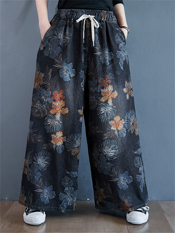 Prevelike korejske ljetne nove modne ženske traper hlače s cvjetnim uzorkom, ležerne široke ženske hlače s pamučnim printom velikih veličina