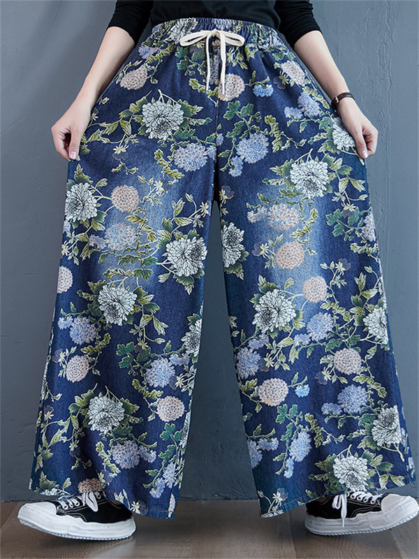 Prevelike korejske ljetne nove modne ženske traper hlače s cvjetnim uzorkom, ležerne široke ženske hlače s pamučnim printom velikih veličina