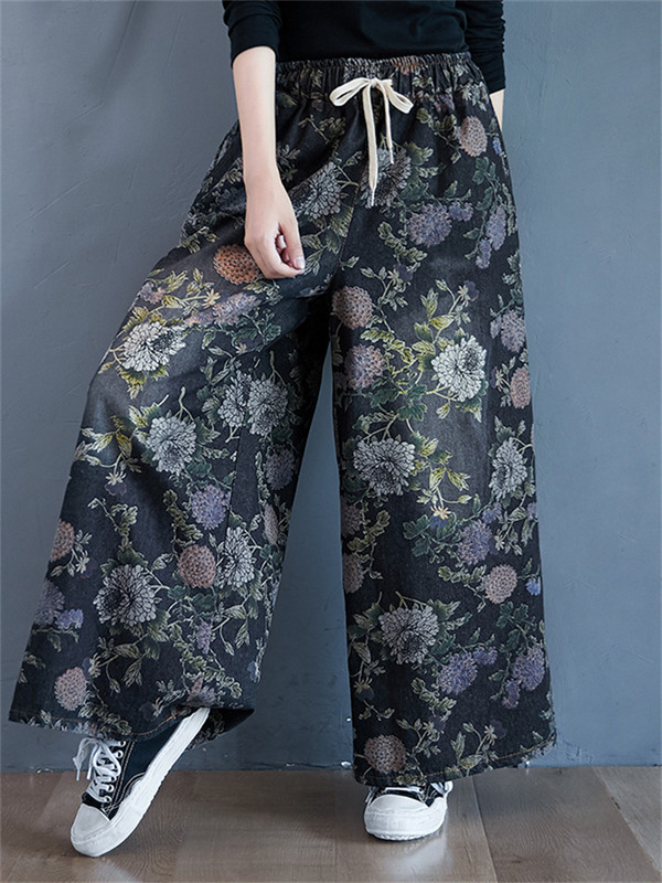 Prevelike korejske ljetne nove modne ženske traper hlače s cvjetnim uzorkom, ležerne široke ženske hlače s pamučnim printom velikih veličina