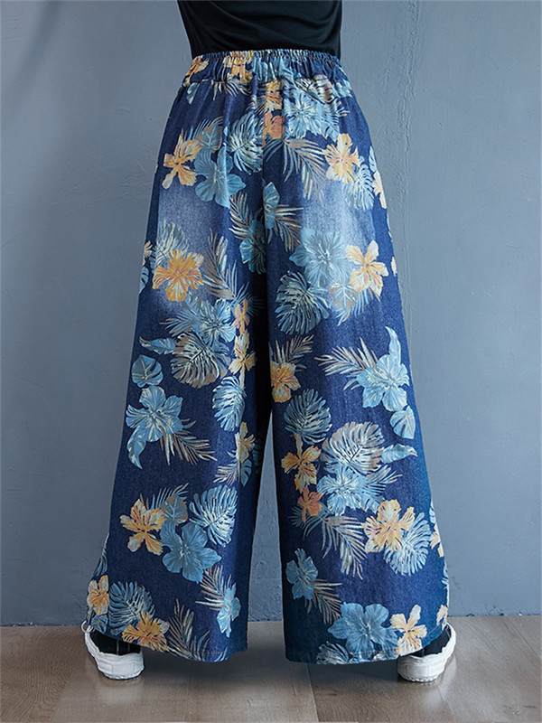 Prevelike korejske ljetne nove modne ženske traper hlače s cvjetnim uzorkom, ležerne široke ženske hlače s pamučnim printom velikih veličina