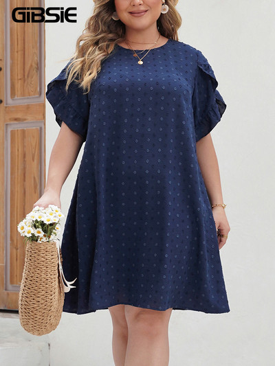 GIBSIE Plus Size Rochie de femeie cu decolteu în formă de buline elvețiene, vară 2024, boho, casual, cu mâneci scurte de vacanță, mini rochii largi