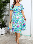 GIBSIE Nagy méretű, négyzet alakú, felfújt ujjú, szüreti női ruha nyári magas derekú, virágmintás A vonalú, elegáns hosszú ruhák 2024-hez